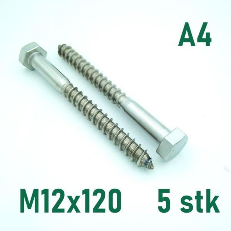 M12x120 Fransk Treskrue 5 stk Syrefast A4