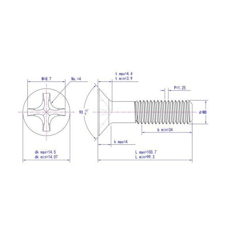 M8x100 Maskinskrue 25 stk Senkehode Syrefast A4
