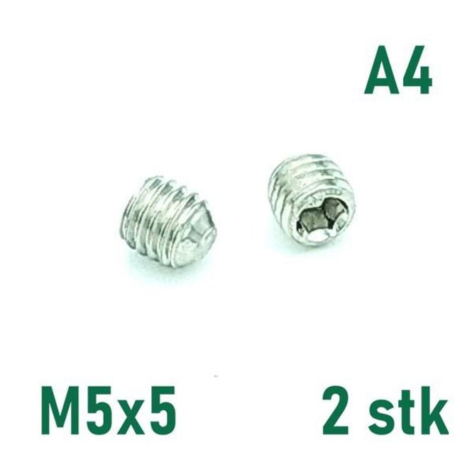 Hovedbilde M5x5 Settskrue 2 stk Syrefast A4