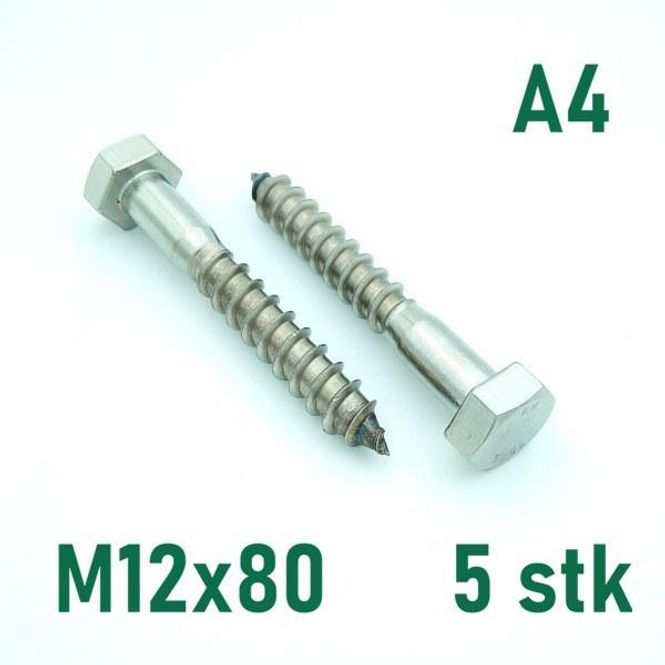 Hovedbilde M12x80 Fransk Treskrue 5 stk Syrefast A4