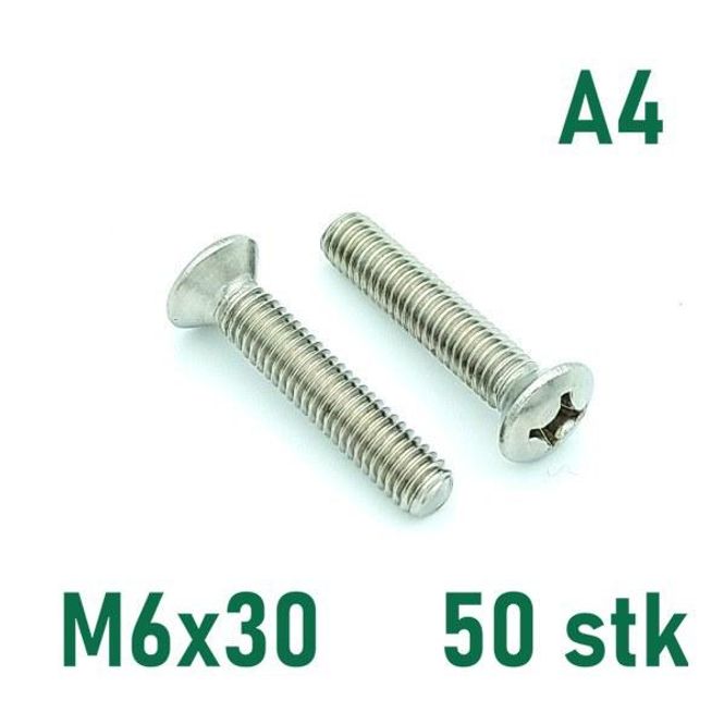 Hovedbilde M6x30 Maskinskrue 50 stk Linsehode Syrefast A4