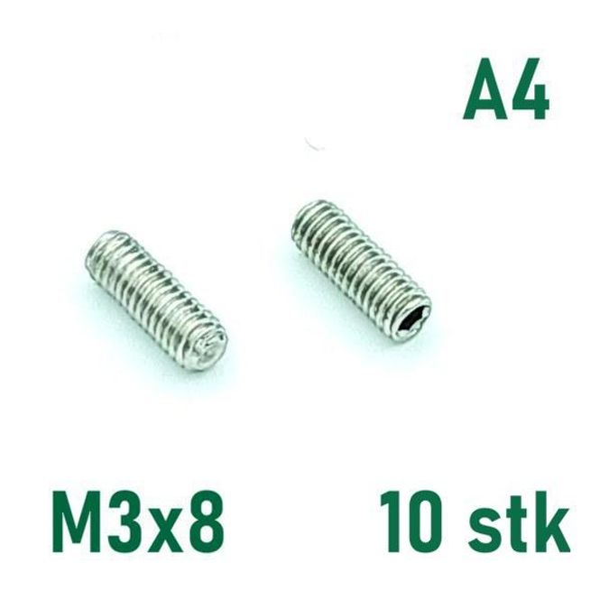 Hovedbilde M3x8 Settskrue 10 stk Syrefast A4