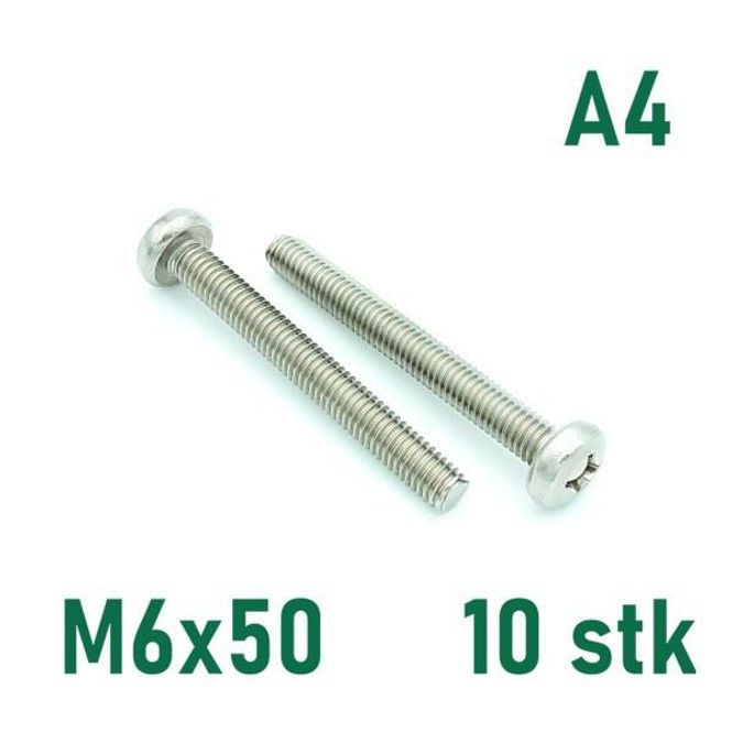Hovedbilde M6x50 Maskinskrue 10 stk Panhode Syrefast A4