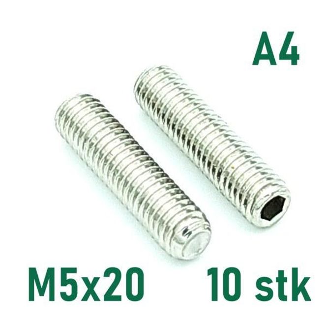 Hovedbilde M5x20 Settskrue 10 stk Syrefast A4