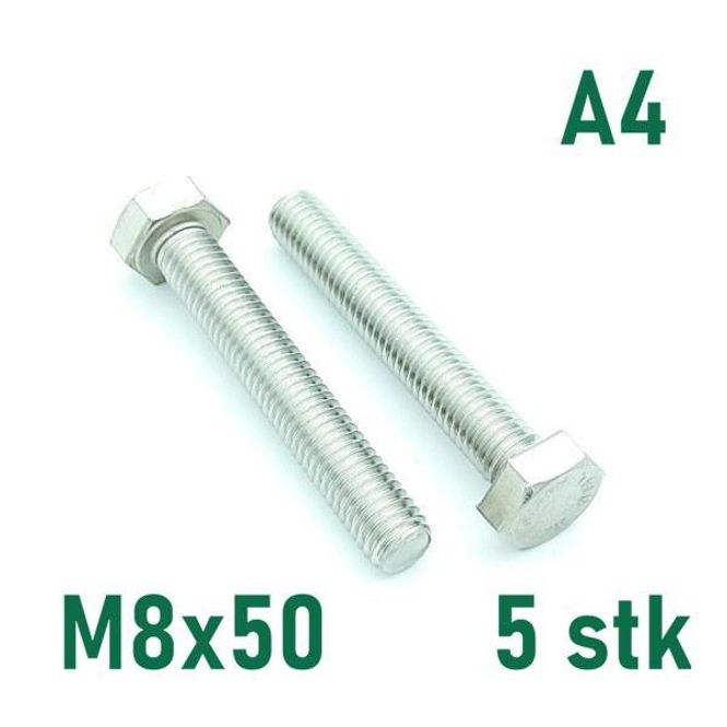Hovedbilde M8x50 Sekskantskrue 5 stk  Syrefast A4