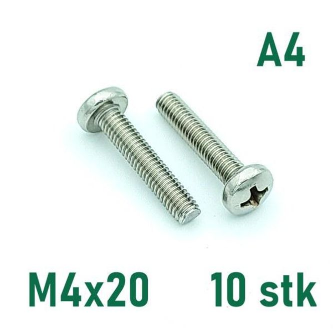 Hovedbilde M4x20 Maskinskrue 10 stk Panhode Syrefast A4
