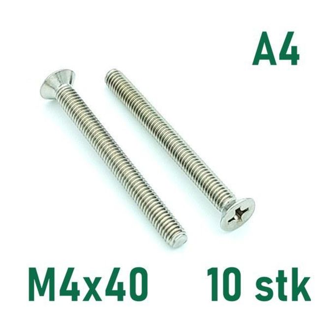 Hovedbilde M4x40 Maskinskrue 10 stk Senkehode Syrefast A4