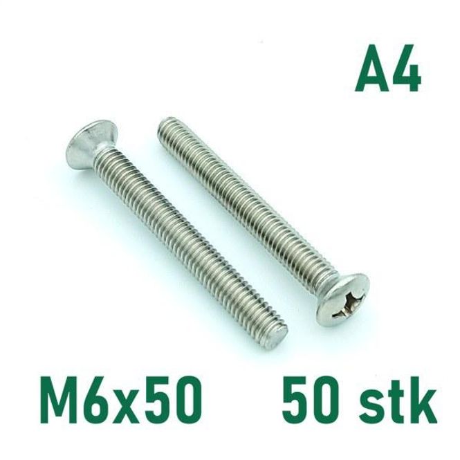 Hovedbilde M6x50 Maskinskrue 50 stk Linsehode Syrefast A4