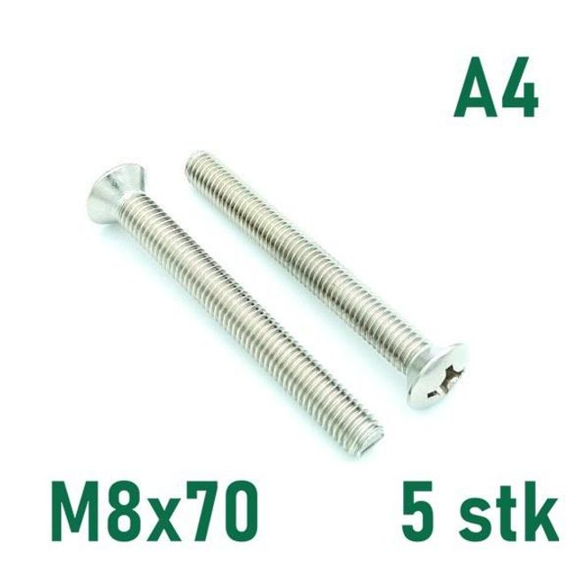 Hovedbilde M8x70 Maskinskrue 5 stk Linsehode Syrefast A4