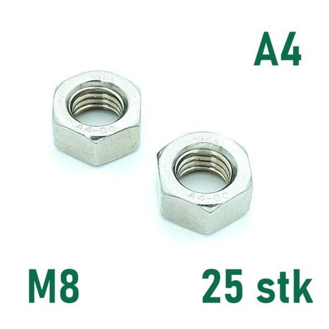 Hovedbilde M8 Mutter 25 stk  Syrefast A4