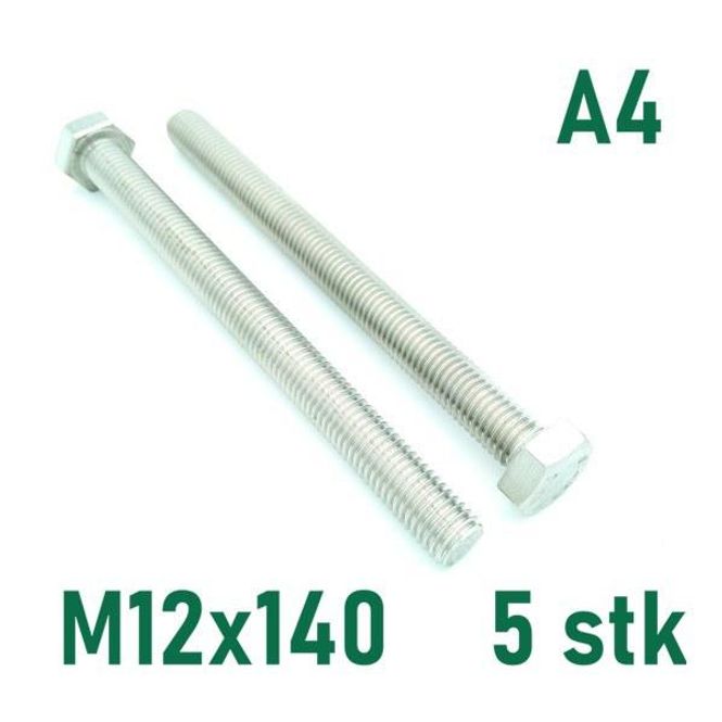Hovedbilde M12x140 Sekskantskrue 5 stk  Syrefast A4