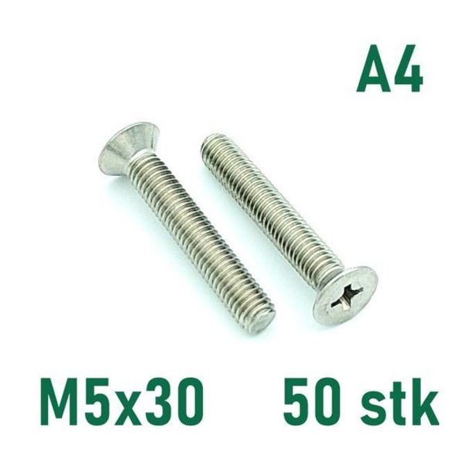 Hovedbilde M5x30 Maskinskrue 50 stk Senkehode Syrefast A4