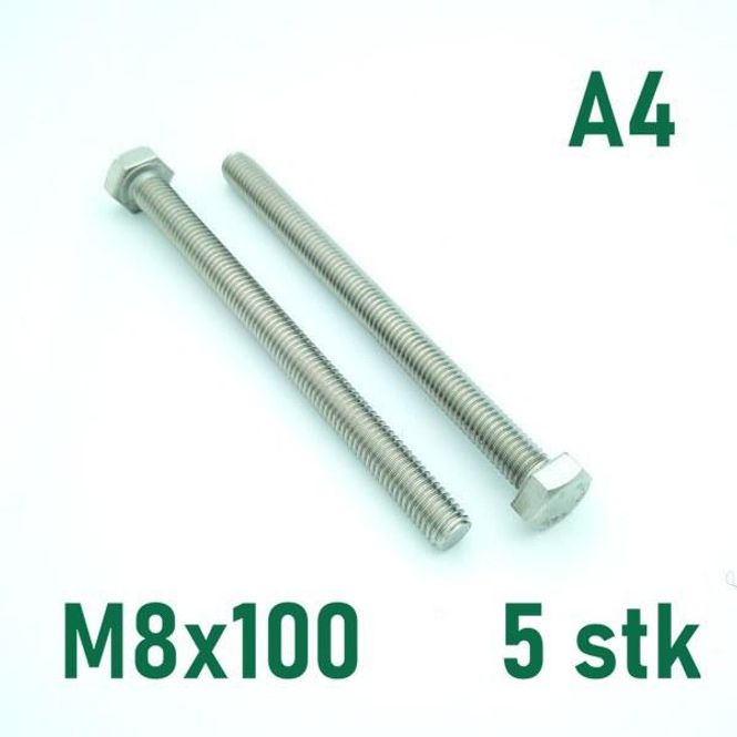 Hovedbilde M8x100 Sekskantskrue 5 stk  Syrefast A4