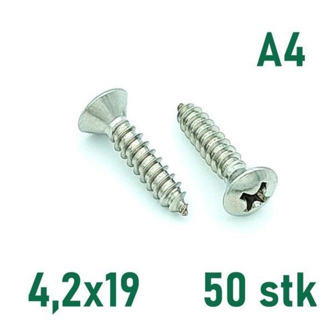 Hovedbilde 4,2x19 Plateskrue 50 stk Linsehode Syrefast A4