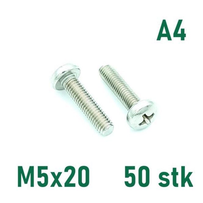 Hovedbilde M5x20 Maskinskrue 50 stk Panhode Syrefast A4