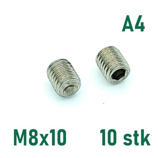 Hovedbilde M8x10 Settskrue 10 stk Syrefast A4